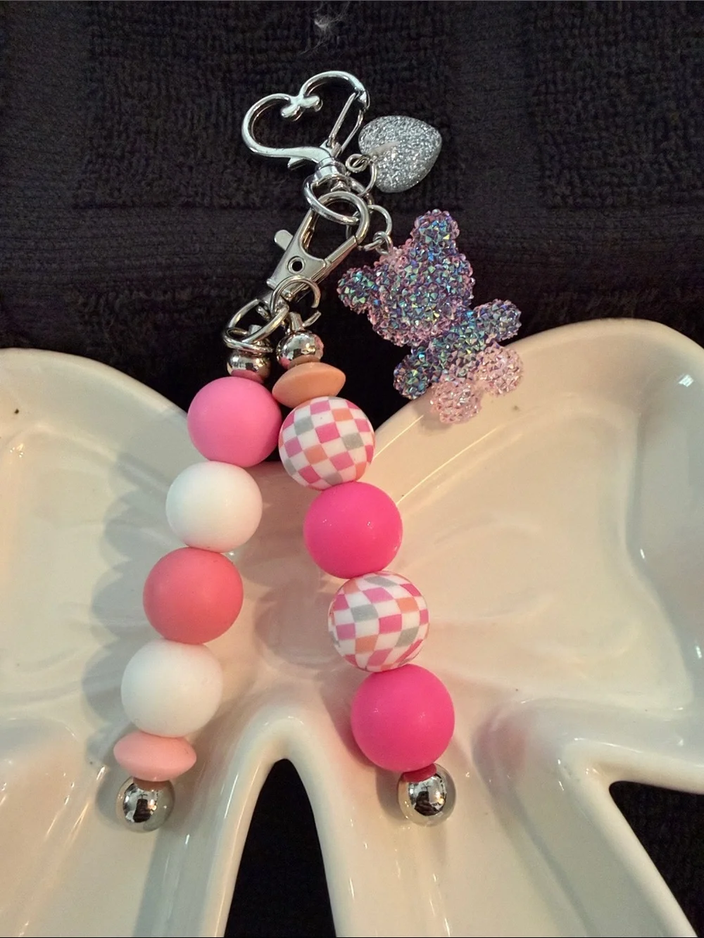 Pink Beaded Teddy Keychain & Card Holder Charm